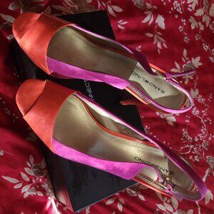 B'ful orange + pink suede Bandolino platform slingbacks -very Adrienne Vittadini